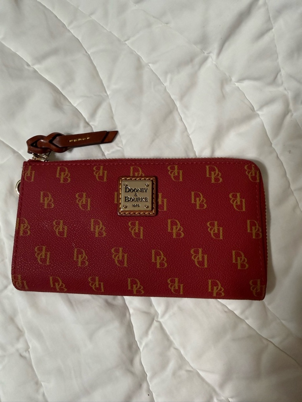 Dooney & Bourke Red and Brown Zip Wallet with Gold Hardware